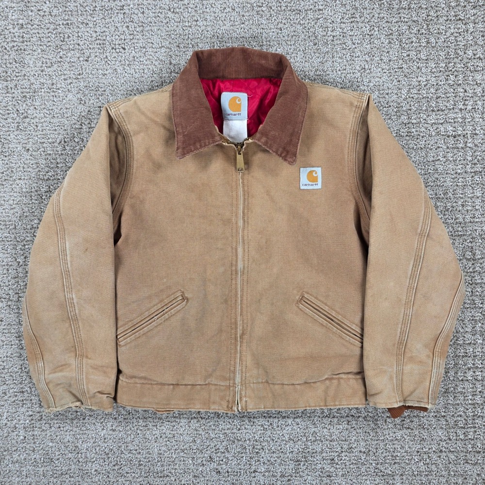 Vintage Carhartt y04 Kids Tan Canvas Detroit Jacket Corduroy Collar Quilt Brown